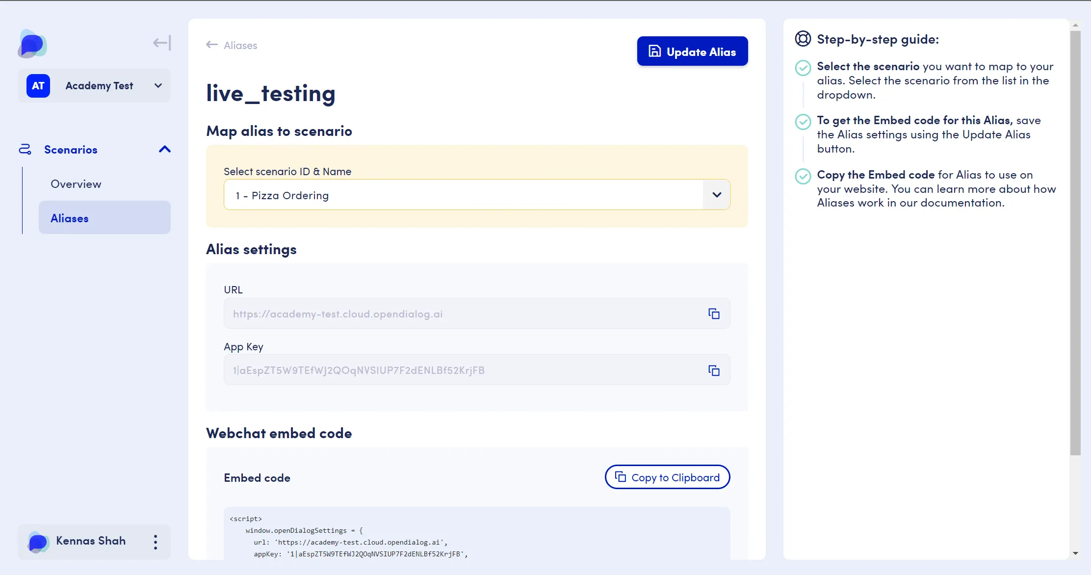 Screenshot with UI to update an alias